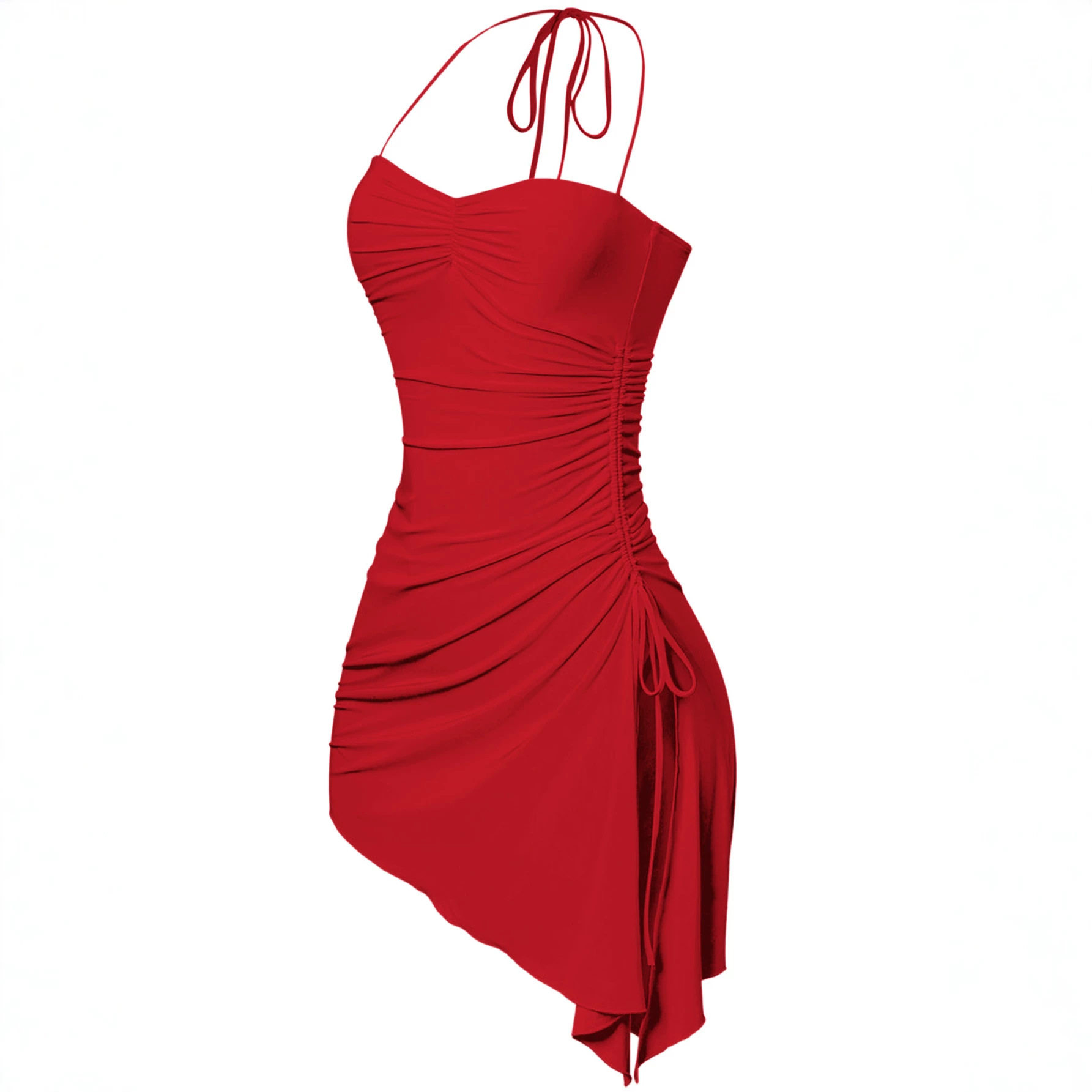 Halter Neck Ruched Bodycon Dress Side Slit Irregular Hem Slim Fit Night Out Party Wear Wholesale Available