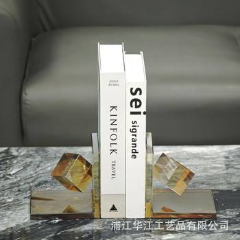 Modern Simple European Model Room Geometric Amber Crystal Glass Bookend Office Study Bookcase Ornaments