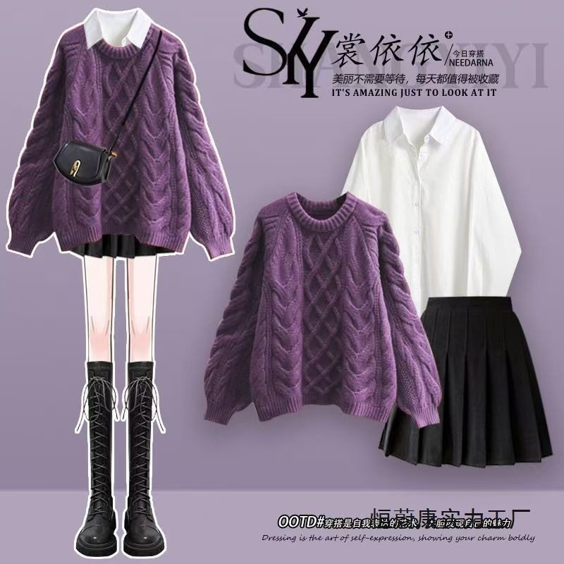 Autumn and Winter Suit Plus Size Women's New Age-Reducing Knitted Sweater Lazy Style Slim Pleated Skirt Shirt Three-Piece Set