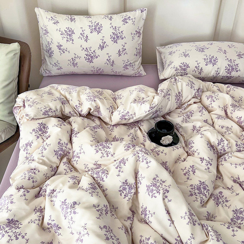 Maternal and Infant Grade a Knitted Cotton Aerobic Double-Layer Yarn Four-Piece Set Ins Small Floral Duvet Cover Fitted Sheet Style Student 3-Piece Set