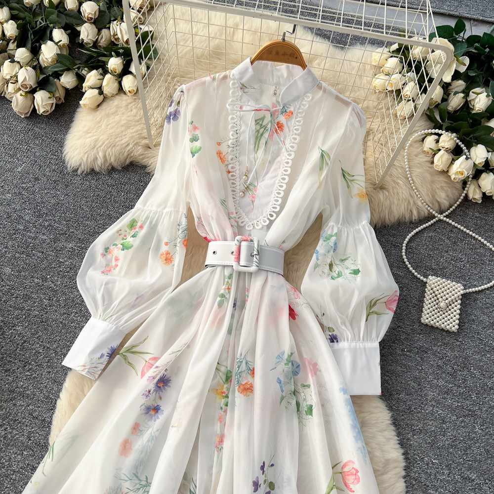French Romantic Lantern Sleeve Floral Dress Hollow Out Waist Tie A Line Silhouette Elegant Evening Wear Wholesale