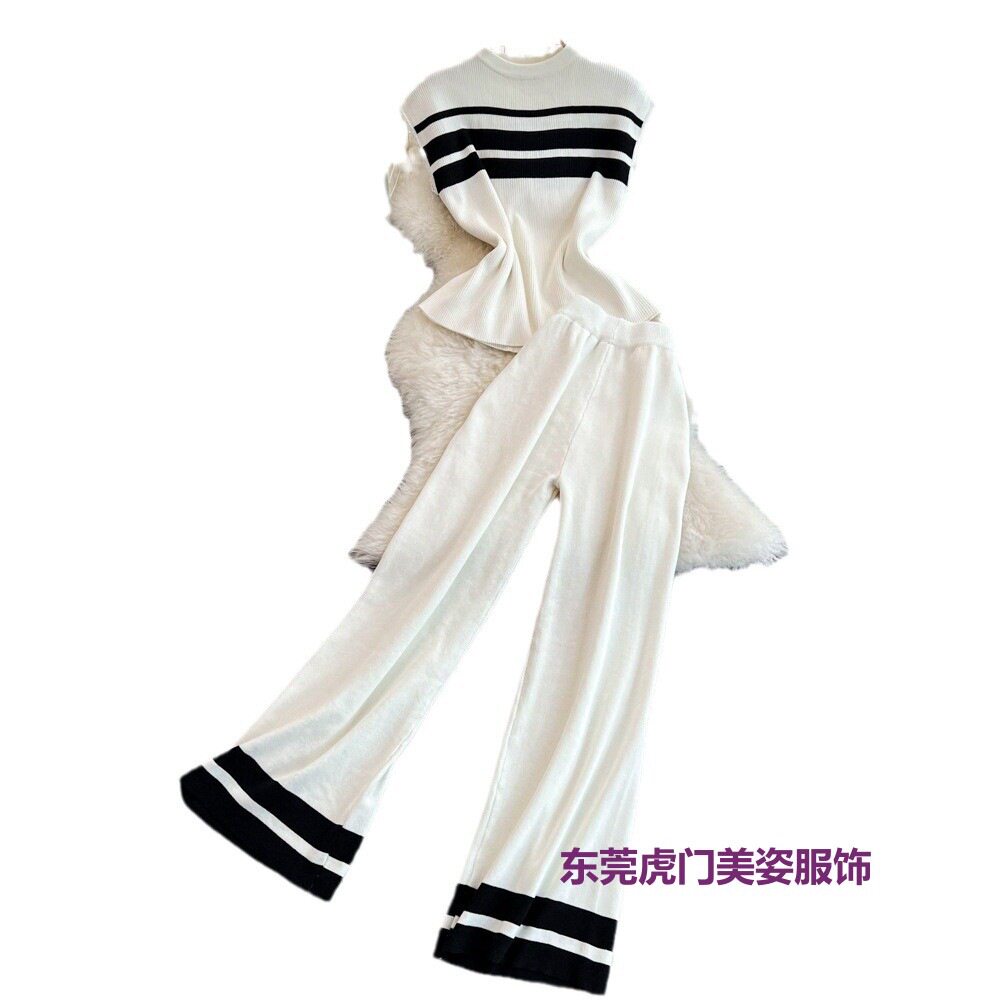 Fashionable suit Women's Korean-style Sleeveless Slim-fit Knitted Top Casual High Waist Slimming Straight Leg Wide-leg Pants Two-piece Set