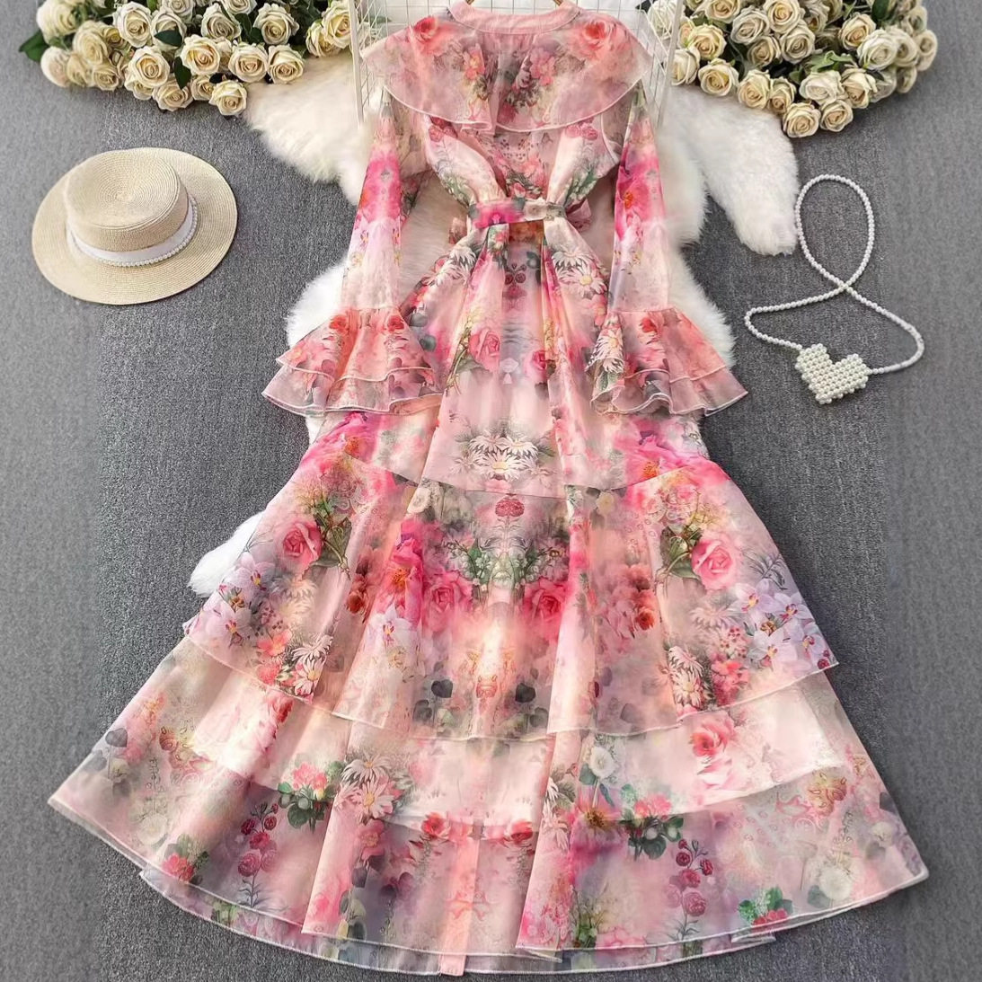 Elegant Floral Print Bell Sleeve Dress for Women French Style Waist Defined Ruffled Hem Perfect for Spring and Autumn