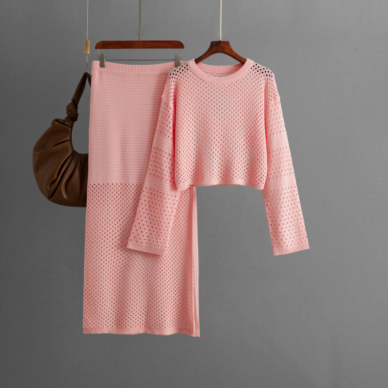 欧美跨境女装2024新款夏季镂空针织衫长款半身裙时尚两件套裙装