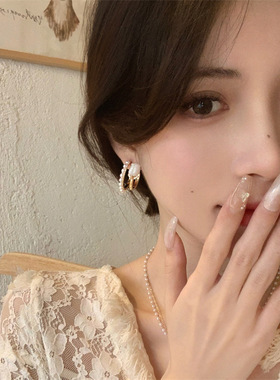 925银针 郁金香花双层珍珠耳环女优雅温柔气质耳钉时尚级感耳饰