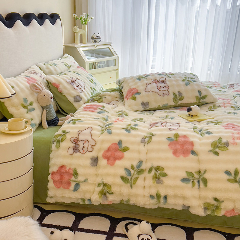 Winter thickened rabbit plush four-piece milk velvet quilt cover coral velvet bed sheet quilt cover flannel bed three-piece set
