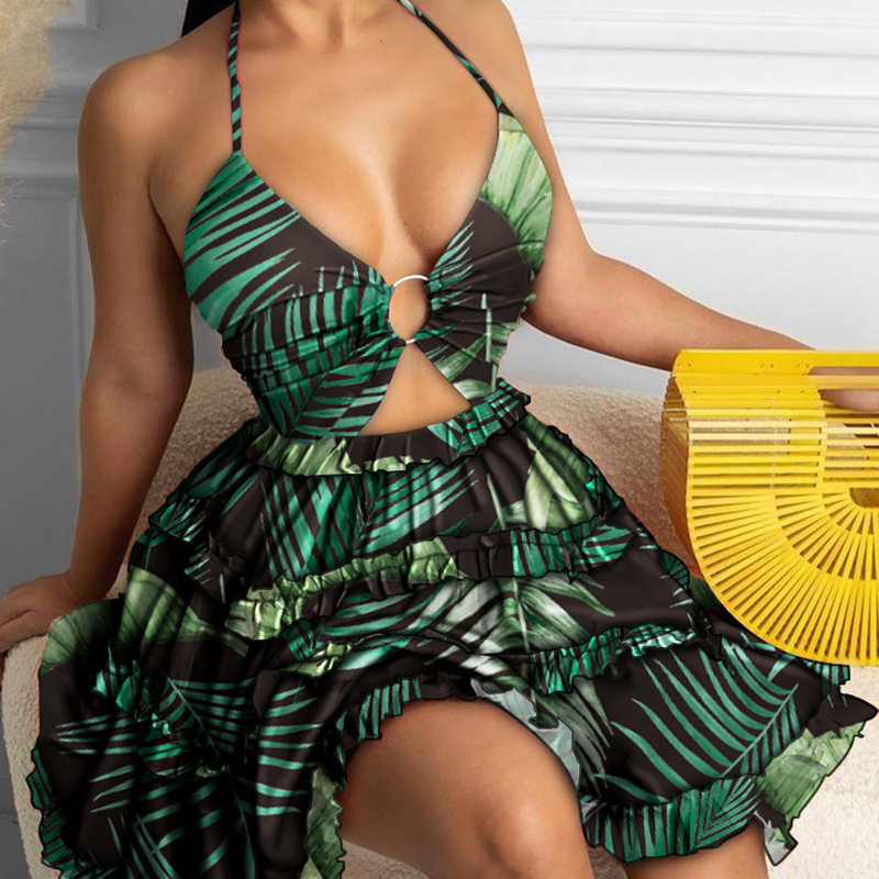 Womens Floral Print Halter Neck Cake Dress Sexy Hollow Out Design Spring Summer Fashion