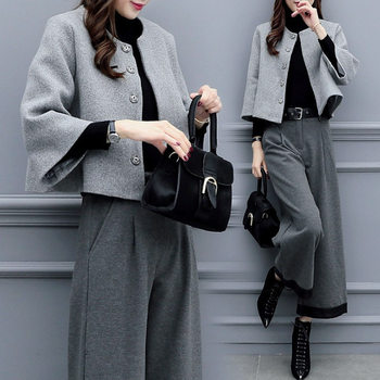 2025 New Women's Autumn and Winter Large Size Two-Piece Pants Woolen Short Jacket Wide Leg Pants Casual Fashion Suit Women's Trendy
