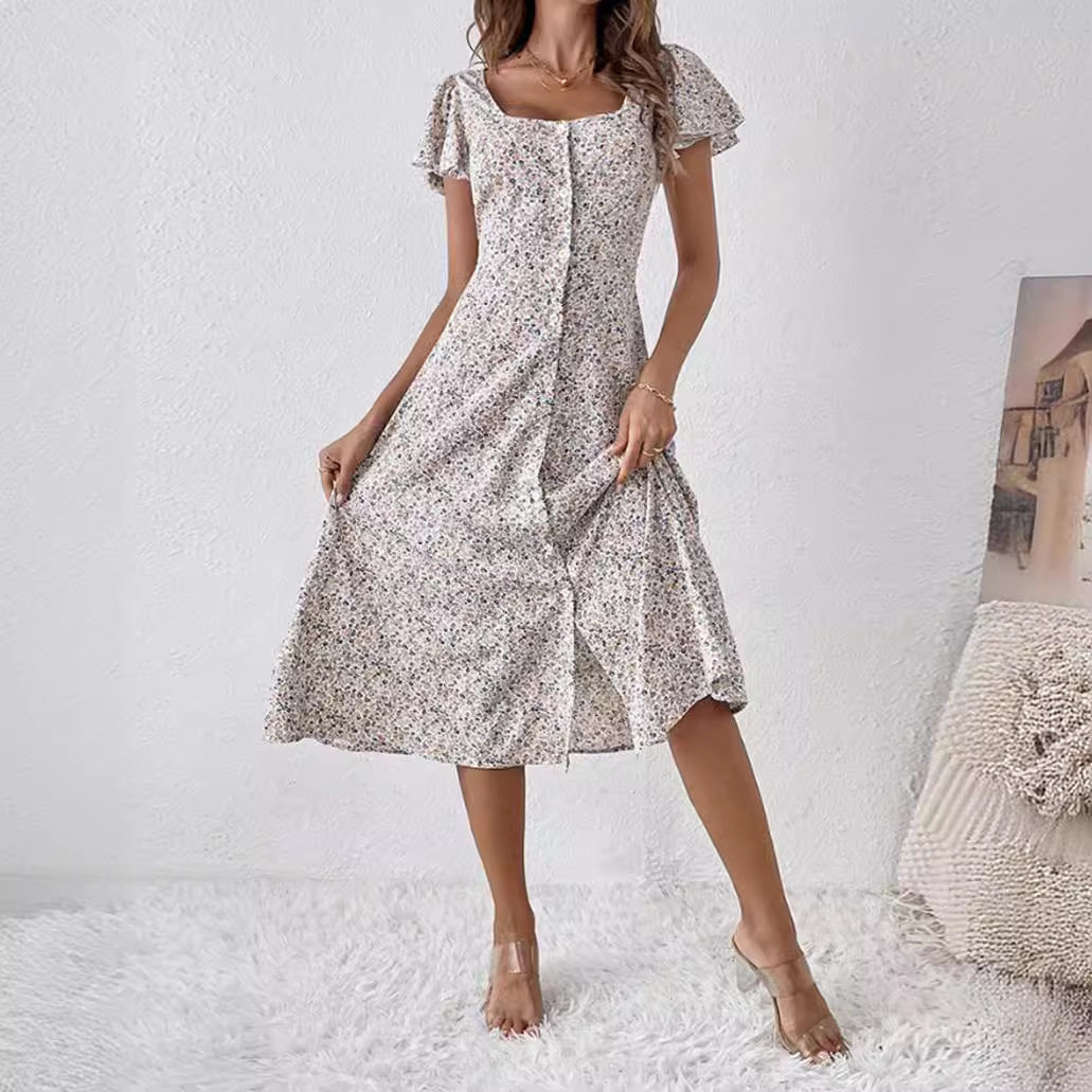 Floral Print Short Sleeve Square Neck Dress Summer Style Lightweight Fabric Elegant Design Wholesale Available
