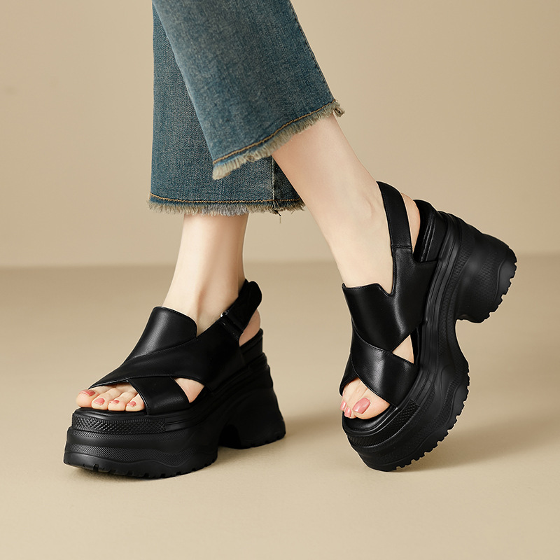 Sandal La Mã nữ quai ngang hở mũi đế dày tăng chiều cao, khóa dán tiện lợi — Màu đen, Màu trắng
