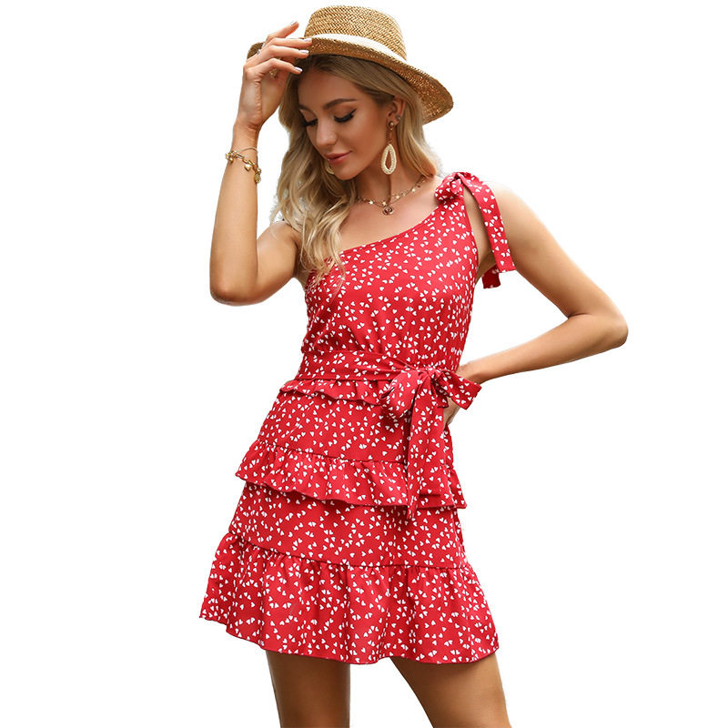 Red Floral One Shoulder Dress Slim Fit Waist Defining Summer Style Perfect for Parties and Events Wholesale