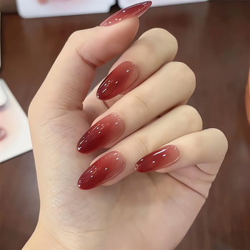 High-End Wine Red Oval Mid-Length Wearable Nail Patch Nude Gradient Aurora Manicure Wearable Nail Patch