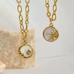 18K Gold Stainless Steel Sun and Moon Necklace Mother-Of-Pearl Coin Pendant Necklace European and American Cross-Border Jewelry