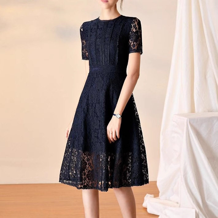 Lace Hollow Out Midi Dress Summer Collection Flattering A Line Silhouette Round Neck Comfortable Fabric Wholesale