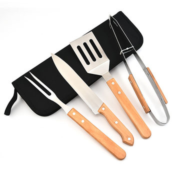 Portable Handbag Stainless Steel Wooden Handle Grill Set Bbq Outdoor Household Barbecue Fork and Spatula Clip Tool Set
