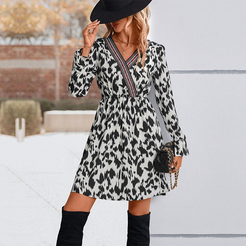 Color Block Leopard Print Dress Elegant Design Long Sleeve Fall Winter Fashion Wholesale Available