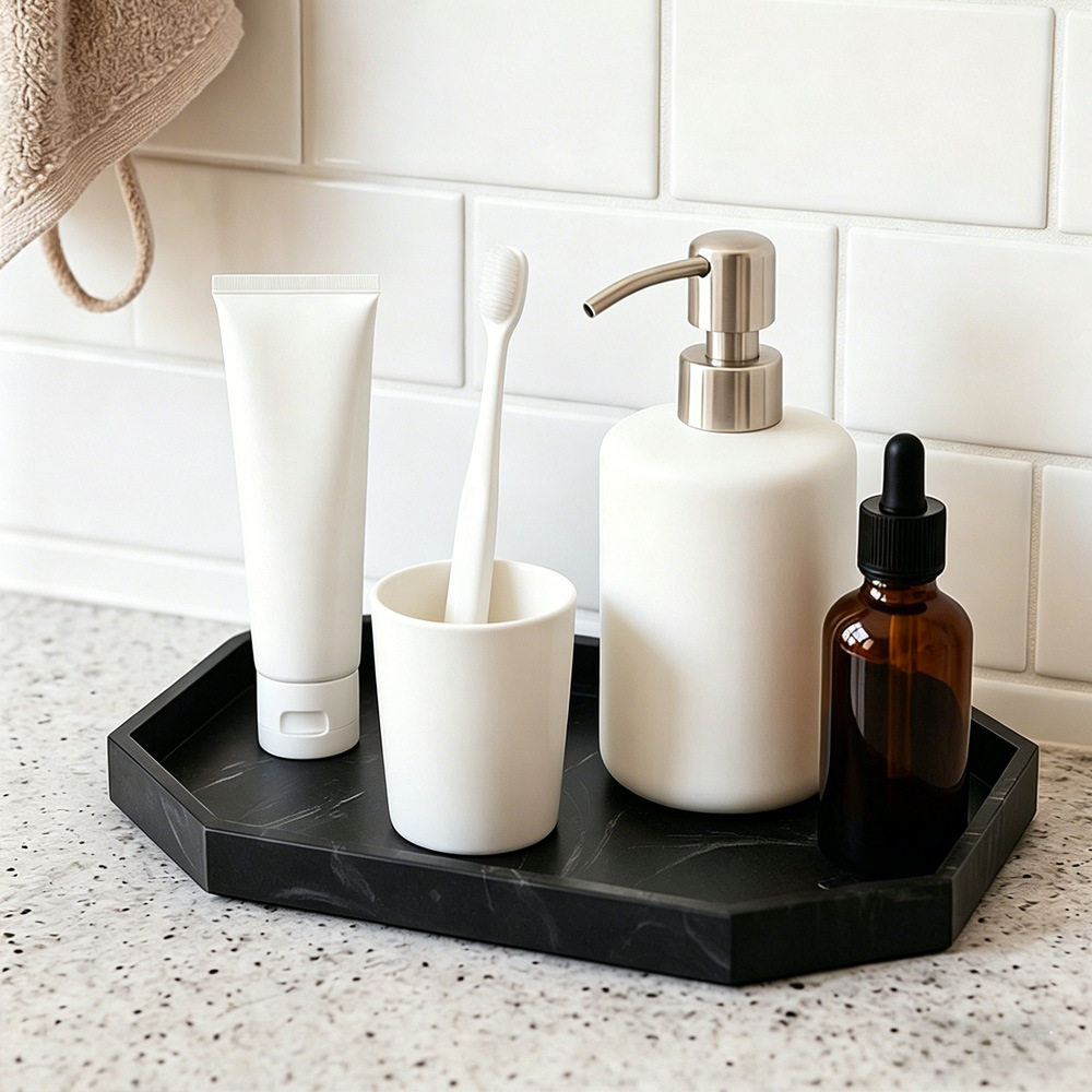 Eight-Sided Bathroom Storage Box, Non-Slip Bedside Table, Coffee Table, Jewelry Desktop Storage Tray, Marble-Patterned Wash Tray