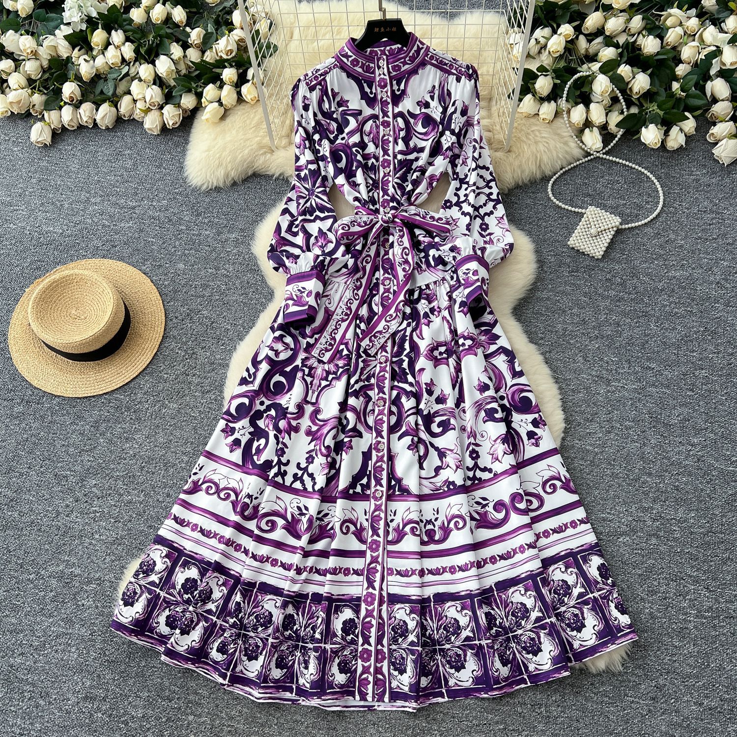 Vintage Floral Maxi Dress for Women Lantern Sleeves Stand Collar Button Closure Waist Tie Elegant Summer Style
