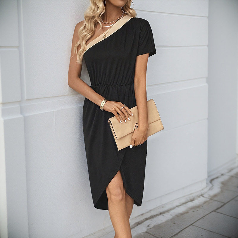 Asymmetrical Color Block Dress Waist Defining One Shoulder Elegant Style Perfect for Parties and Events Wholesale