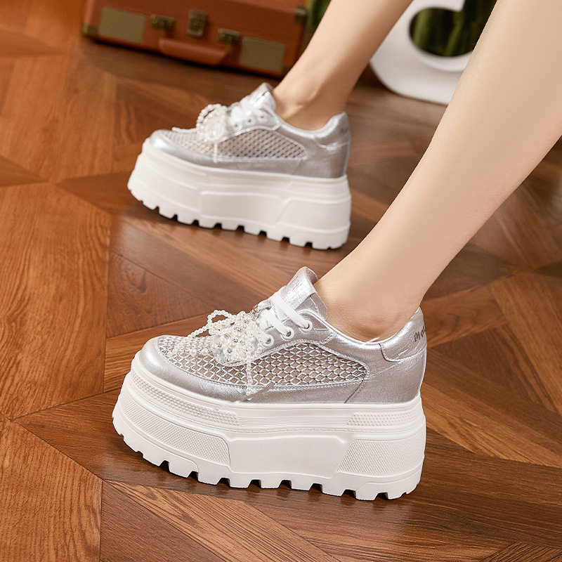 Giày sneaker nữ chunky đế dày rhinestone trắng 2025 — Bạc, Trắng