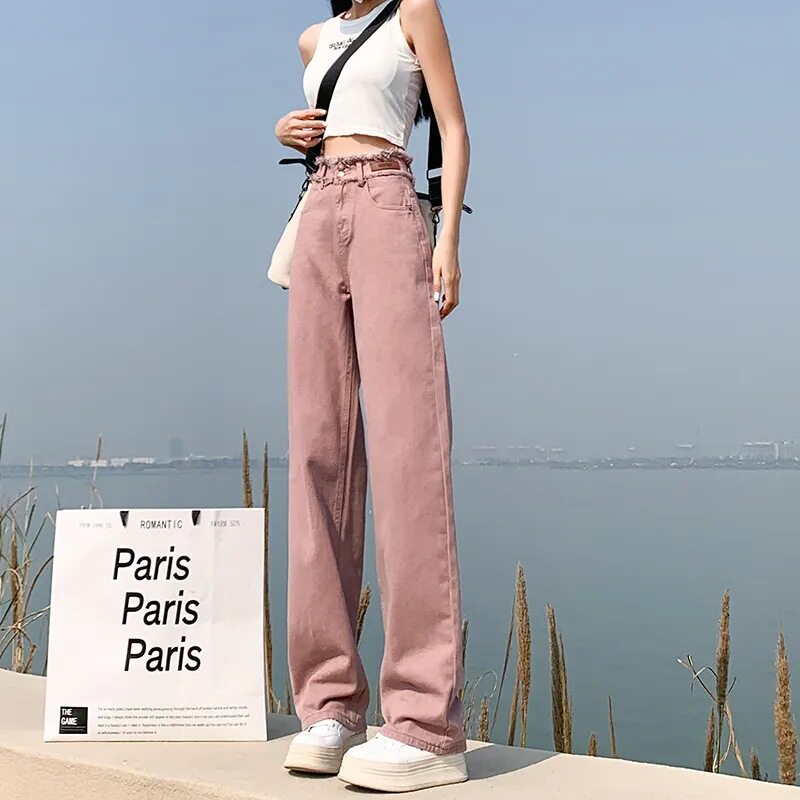 Pink High Waisted Denim Pants Slim Fit Loose Wide Leg Trendy Straight Cut Frayed Hem Casual Everyday Wear