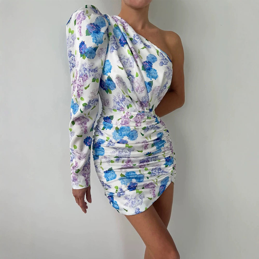 One Shoulder Floral Print Dress Slim Fit Asymmetrical Neckline Fresh Design Perfect for Parties and Special Occasions
