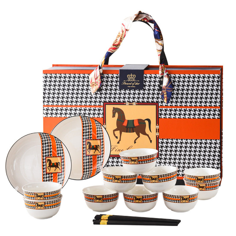 Horse Retro Style Ceramic Tableware Bowl and Chopsticks suit Light Luxury Gift Boxed Wedding Accompanying Gift Opening Festival housewarming