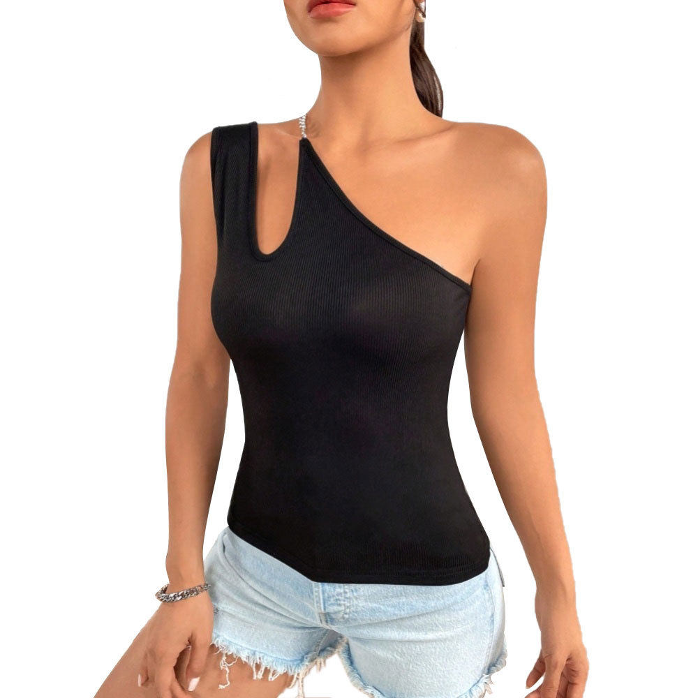 Womens Sexy Hollow Out Asymmetrical Neck Sleeveless Top Slim Fit Trendy Design Spring Summer Fashion Wholesale
