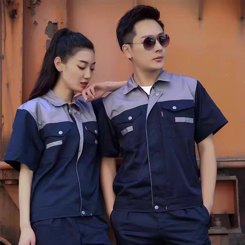 ชุดทำงานแขนสั้นสำหรับฤดูร้อน ระบายความชื้น ระบายอากาศได้ดี เสื้อผ้าป้องกันแรงงานสำหรับงานซ่อมบำรุงโรงงาน เสื้อผ้าทำงานวิศวกรรมพร้อมแถบสะท้อนแสง