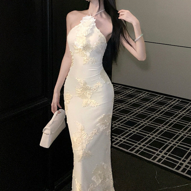 Backless Mermaid Long Dress Floral 3D Design Elegant Fit Sheer Fabric Perfect for Birthdays and Special Occasions