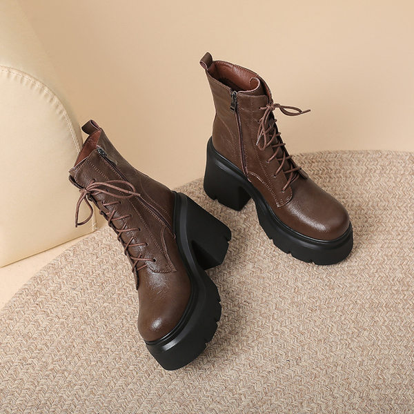 Boot Nữ Cổ Cao Đế Xuồng Dây Buộc Phong Cách Ulzzang Chiều Cao Đế Khoảng 8cm Màu Đen, Nâu