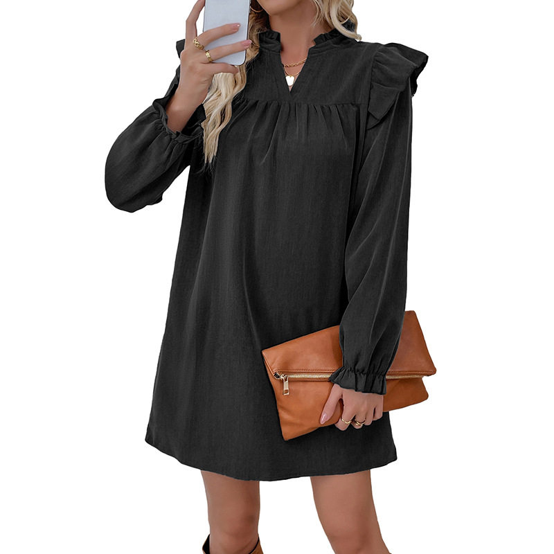 Long Sleeve Ruffle Hem Dress Loose Fit Solid Color Stand Collar Casual Wear Spring Fall Wholesale Available