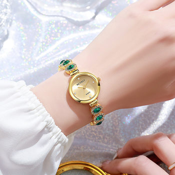 McyKcy Antique Retro Small Dial Golden Alloy Bracelet Light Luxury Wrist Emerald with Golden Surface