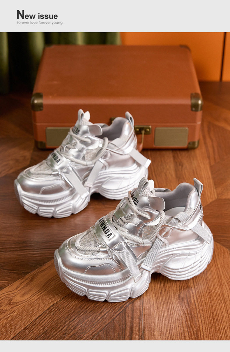 Giày sneaker nữ chunky đế dày lưới thoáng khí gót siêu cao 8 cm — Len tinh khiết, Bạc, Tím chi tiết 14