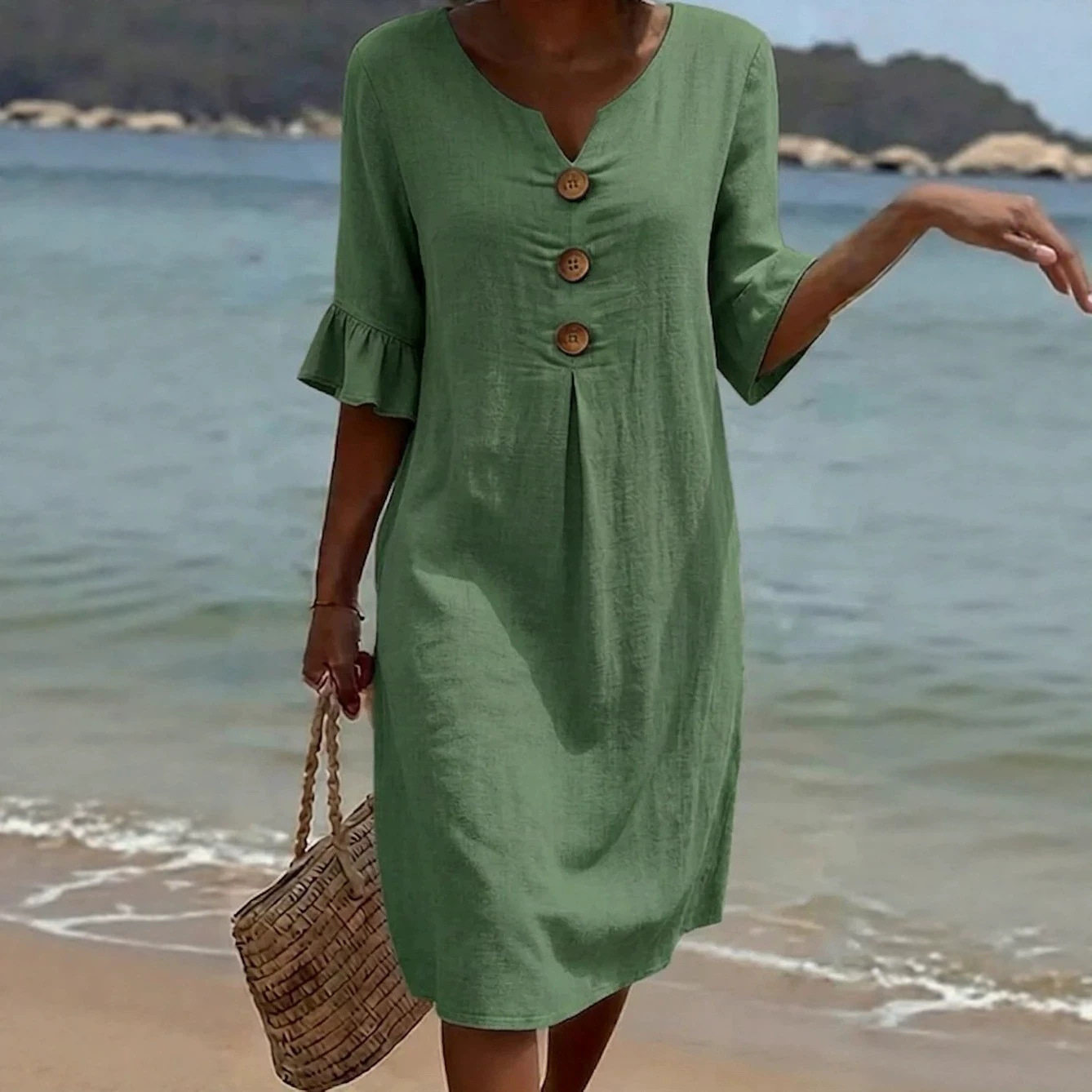 Womens V Neck Ruffle Sleeve Dress Comfortable Elegant Design Summer Casual Wear Wholesale Available