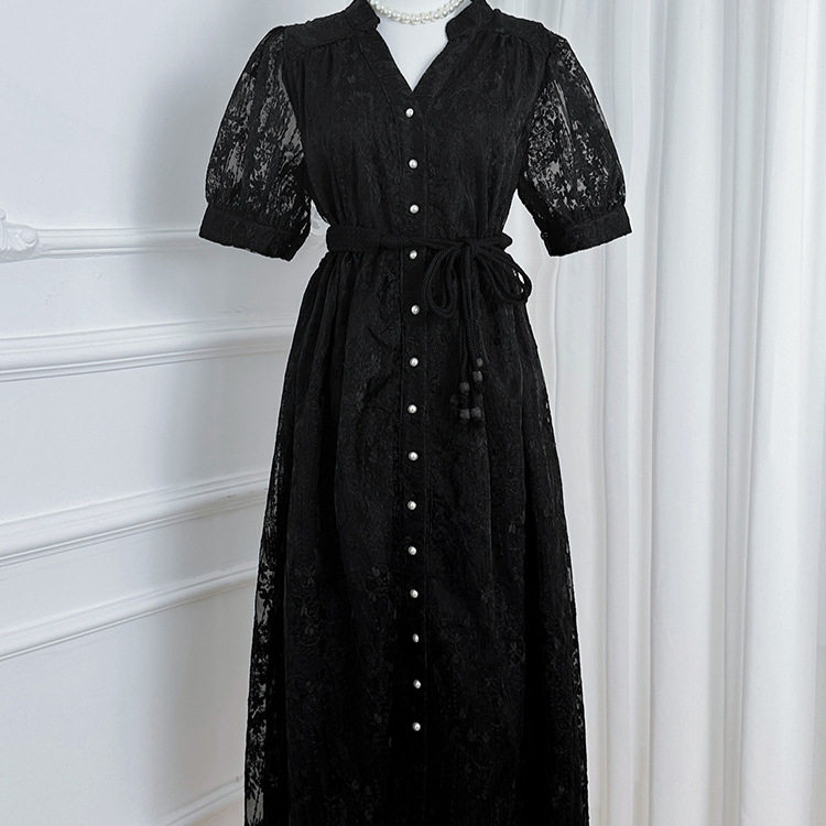 French Elegant Maxi Dress Summer Fashion Embroidered Lace Waist Tie Button Closure Perfect for Parties and Events