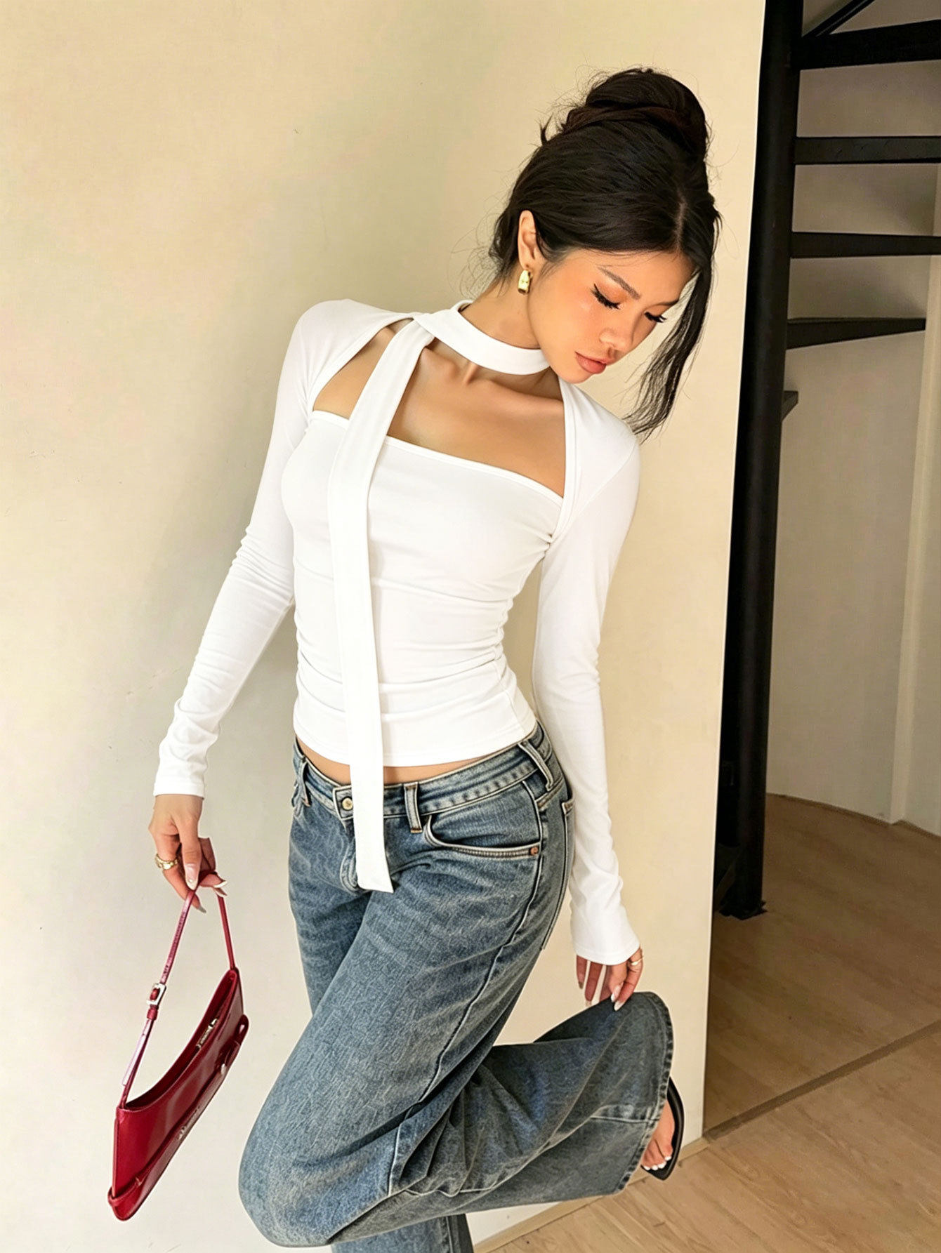 American Style Long Sleeve Crop Top Square Neck Slim Fit Adjustable Tie Soft Fabric Casual Wear for Women OEM