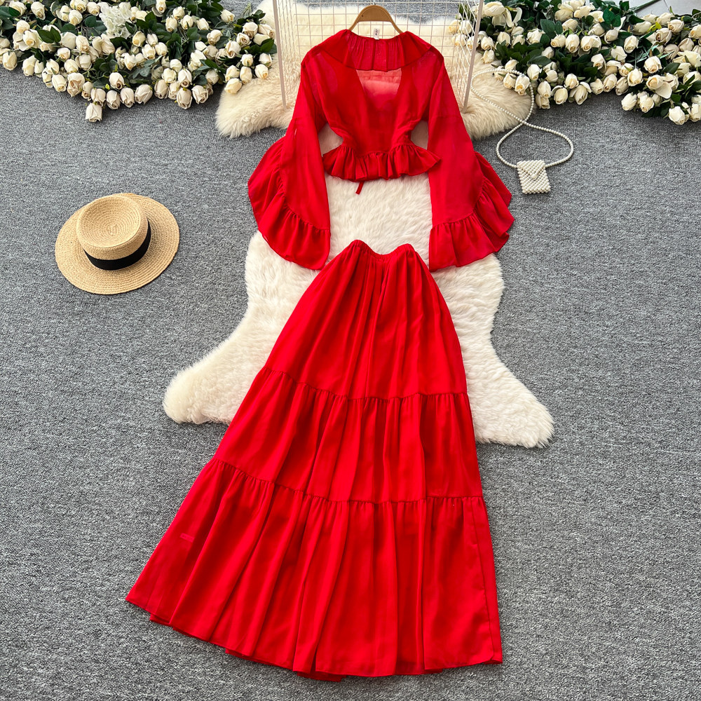French Vacation Style Red Ruffled Flare Sleeve V Neck Blouse with High Waist Skirt Set Elegant Autumn Outfit for Women