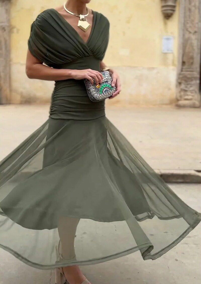 Elegant Womens Solid Color Deep V Neck Mesh Dress Waist Defined Autumn Style Wholesale Available