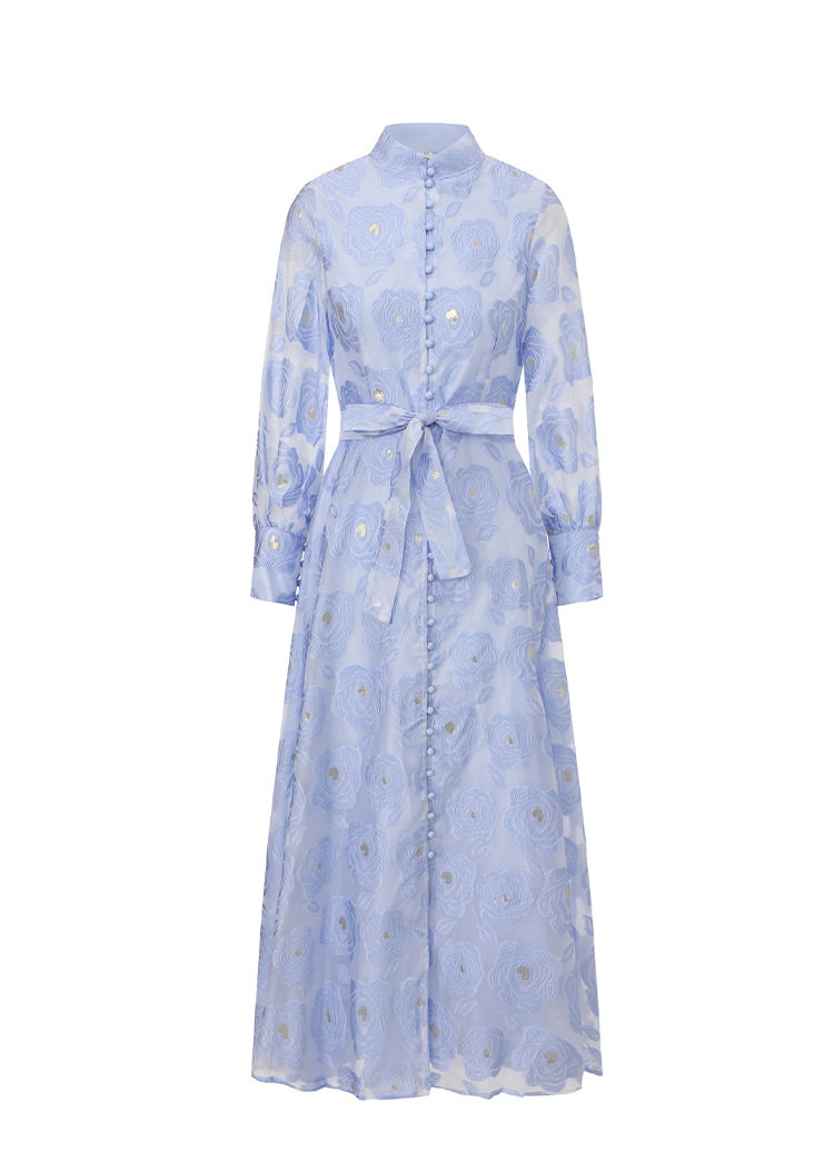 Vintage Inspired Luxury Jacquard Dress Stand Collar Waist Tie Slim Fit Elegant Long Dress for Spring and Autumn