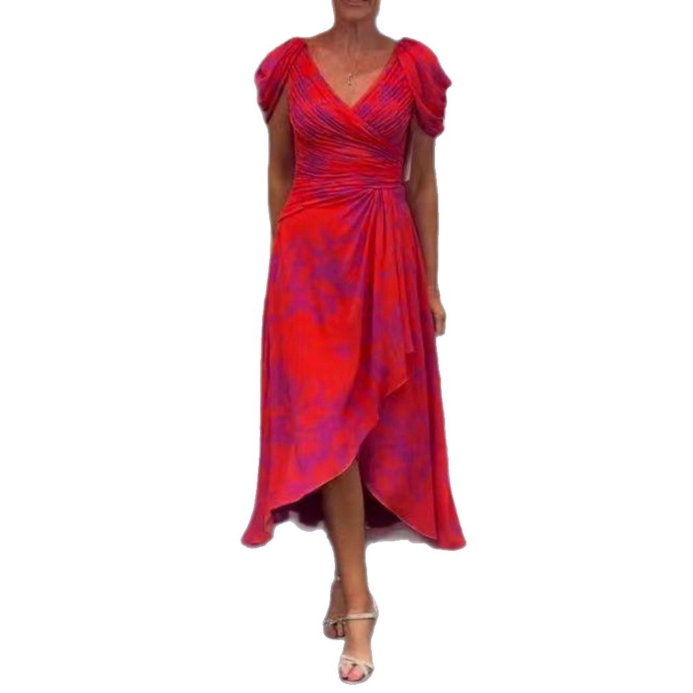 V Neck Short Sleeve Casual Printed Dress Summer Collection Slim Fit Stylish Design Perfect for Everyday Wear