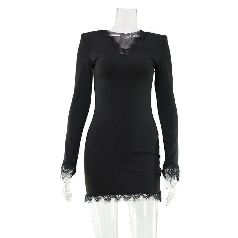 French Style Womens Lace V Neck Bodycon Dress Long Sleeve Solid Color Slim Fit Perfect for Autumn Events Wholesale