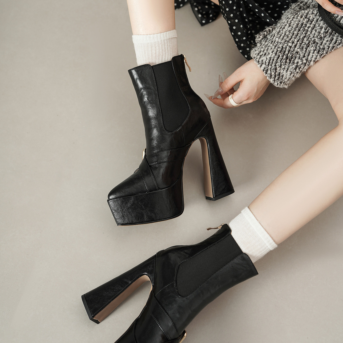 Boot Chelsea nữ gót thô 14cm da bò cổ thấp khóa kéo sau — Lớp lót đơn màu đen, Lớp lót đơn màu nâu, Lót nhung đen, Lót nhung màu nâu
