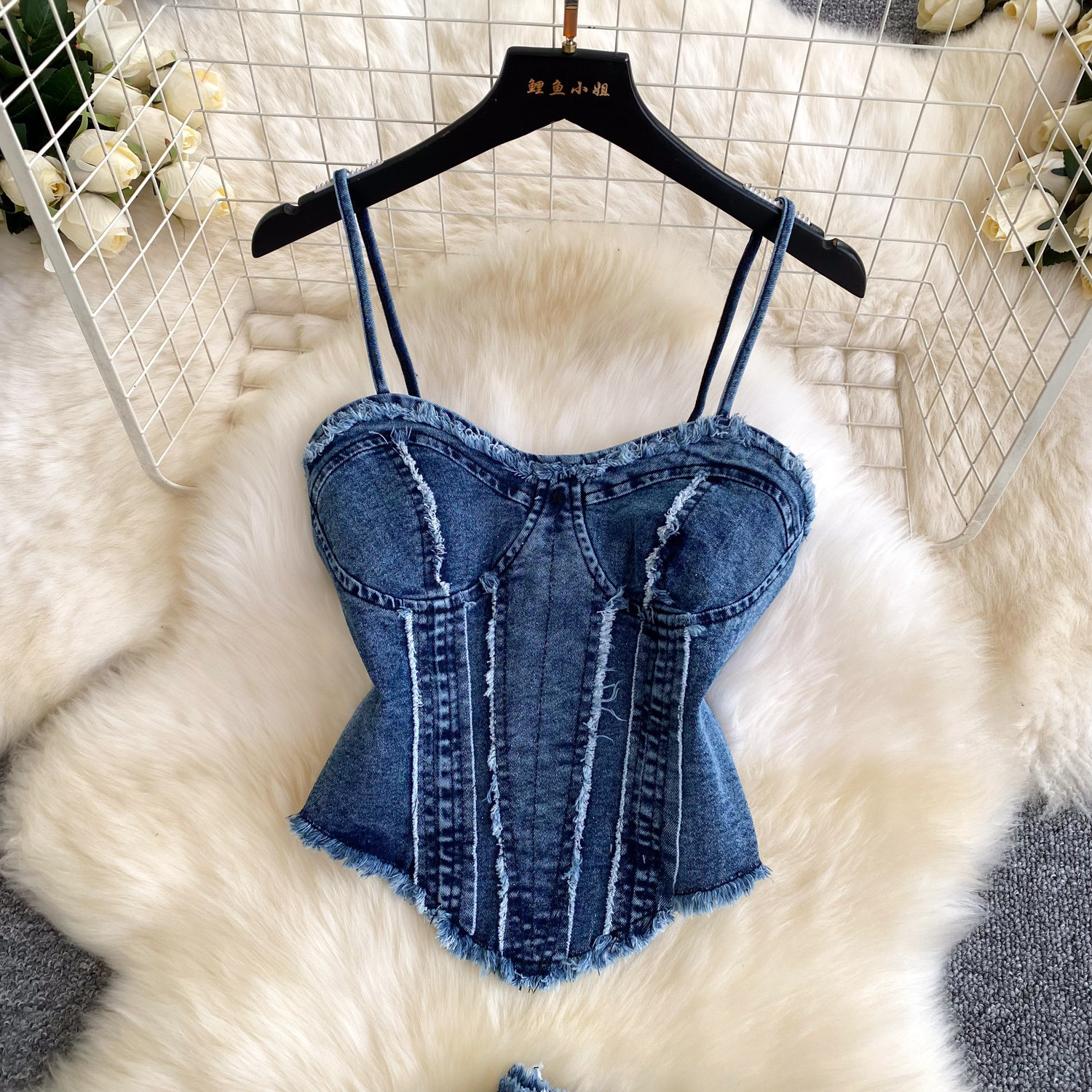 Fashionable Womens Denim Two Piece Set High Waisted Slim Fit Spaghetti Strap Top Trendy Style Perfect for Casual