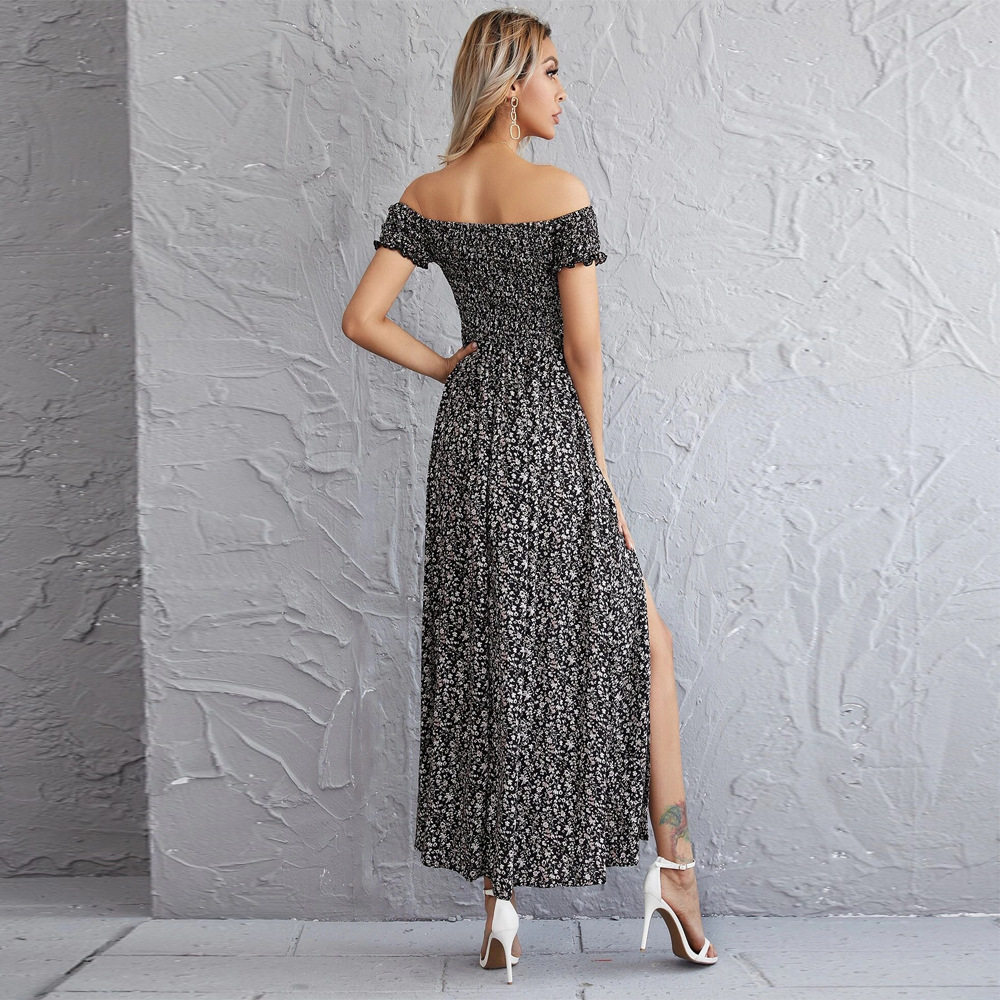 Elegant Off Shoulder Maxi Dress Floral Print Elastic Waist Flared Skirt Fashionable for Parties and Special Occasions