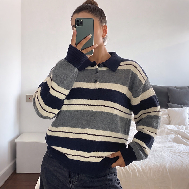 Korean Style Loose Striped Knit Sweater for Women Soft Fabric Elegant Collar Cozy Fit Perfect for Fall and Winter