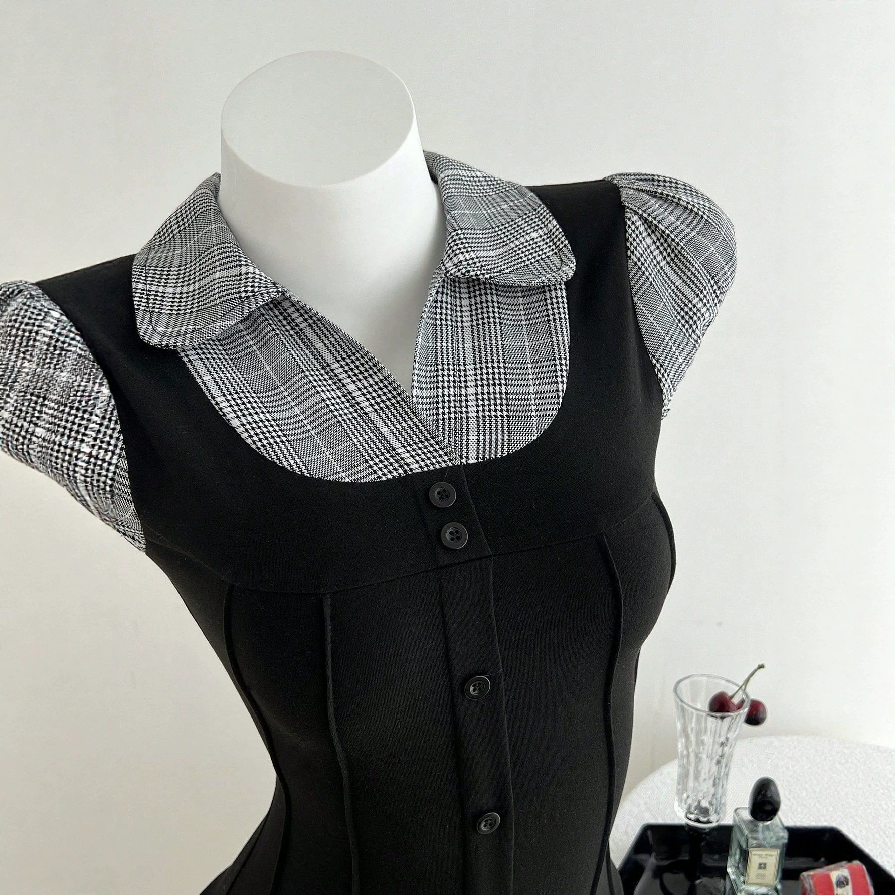 Color Block Plaid Short Sleeve T Shirt Slim Fit Waist Cinching Design Casual Style Ready to Ship Low MOQ