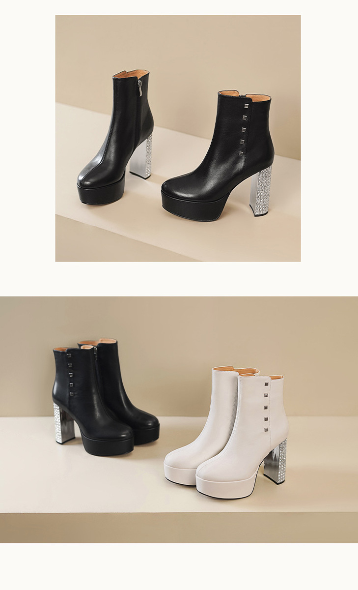 Boot nữ cổ thấp gót siêu cao 11cm đế platform da bò thật — Lớp lót đơn màu đen, Lớp lót đơn màu trắng nhạt, Lớp lót nhung đen, Lớp lót nhung màu trắng nhạt