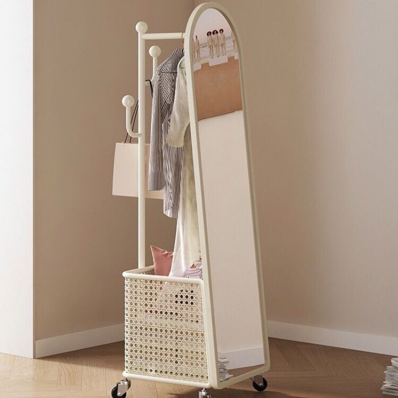 Cream-Style Full-Length Mirror, Rotating Dressing Mirror, Fitting Mirror, Mobile Floor-Standing Clothes Rack, Floor Mirror, Integrated Coat Rack