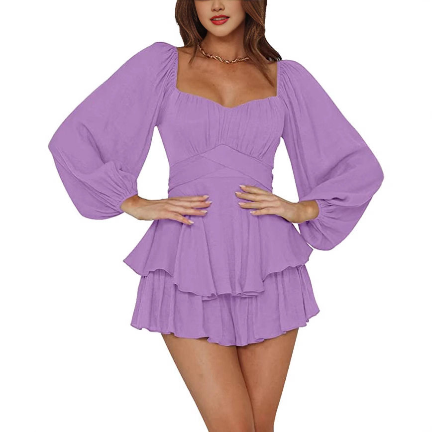 Womens Ruffled Jumpsuit Lantern Long Sleeves Square Neck Waist Cinching Chic Style Summer Casual Wear Wholesale